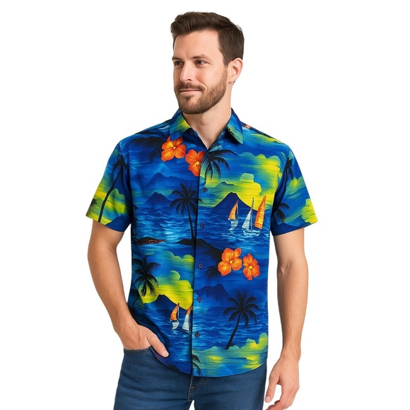 La Leela Other - La Leela Shirt Small‎ Blue Multicolor Hawaiian Palm Tree Miami Tropical Aloha